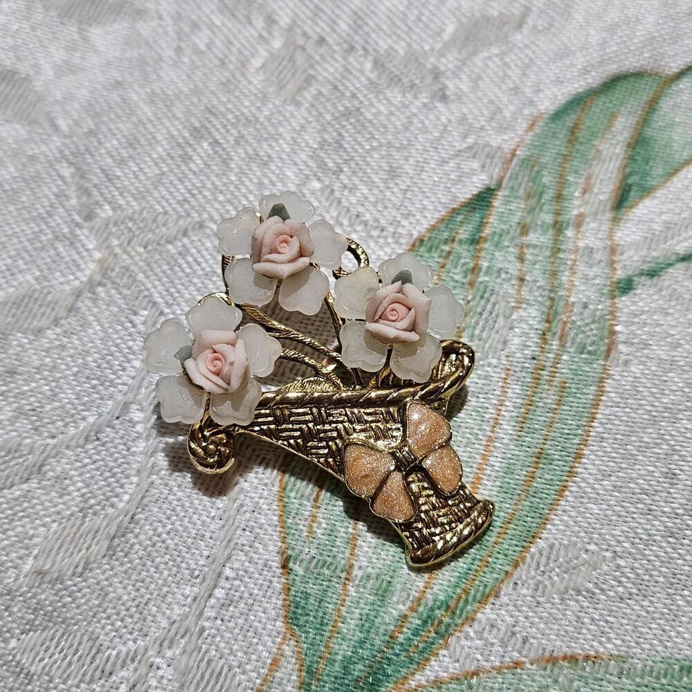 vintage coquette cottagecore pink rose bouquet basket bow brooch